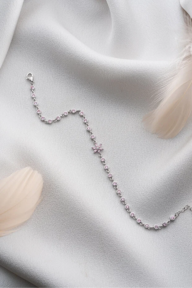 925 Ayar Gümüş Pembe Taşlı Lotus Su Yolu Bileklik